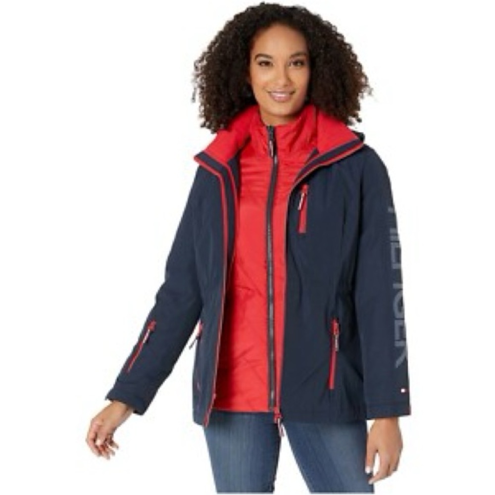 Tommy Hilfiger Women's 3-in-1 Systems Anorak Jacket with Hood Navy Blue Red XL
